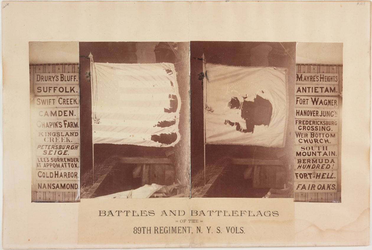 Bitvy a bojové vlajky 89. pluku, N. Y. S. Vols., cca 1870 (sépiová fotografie) od American Photographer