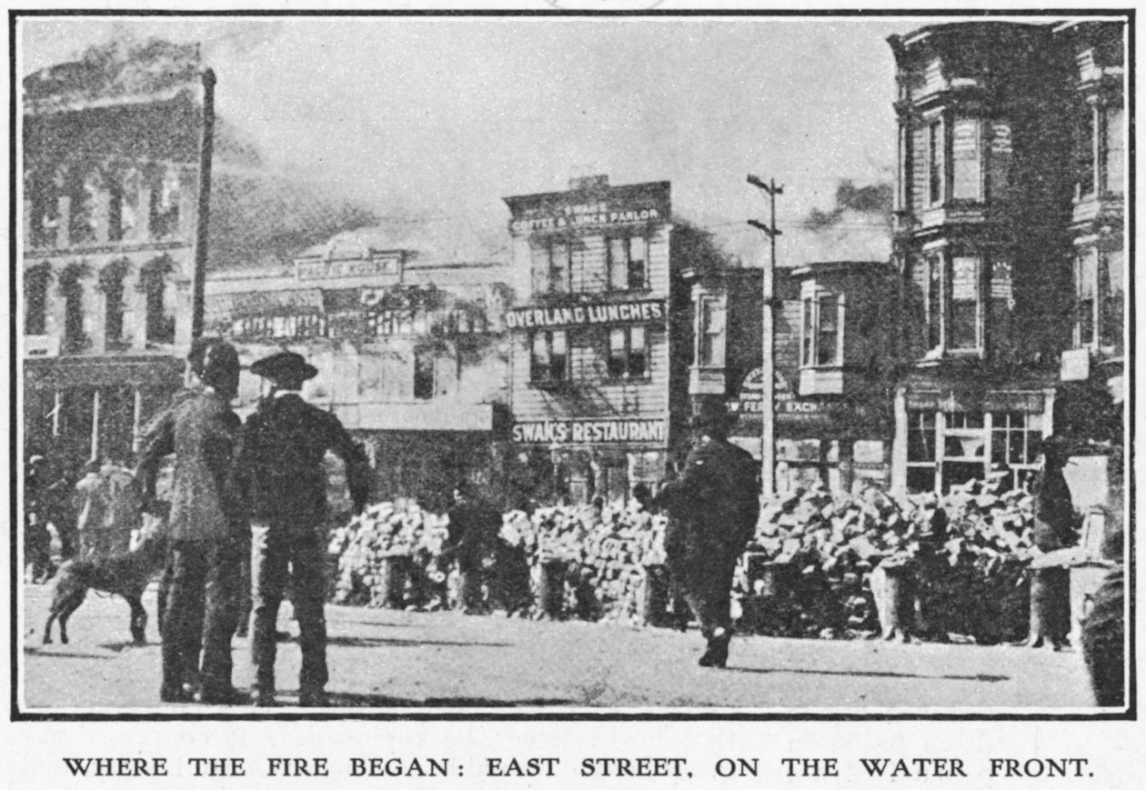East Street, San Francisco, kde požár začal během zemětřesení v roce 1906, 1906 (viz také 223357) od American Photographer