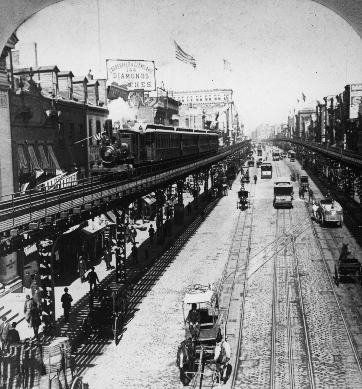 Linka IRT Third Avenue Line podél ulice The Bowery, New York, cca 1897 od American Photographer
