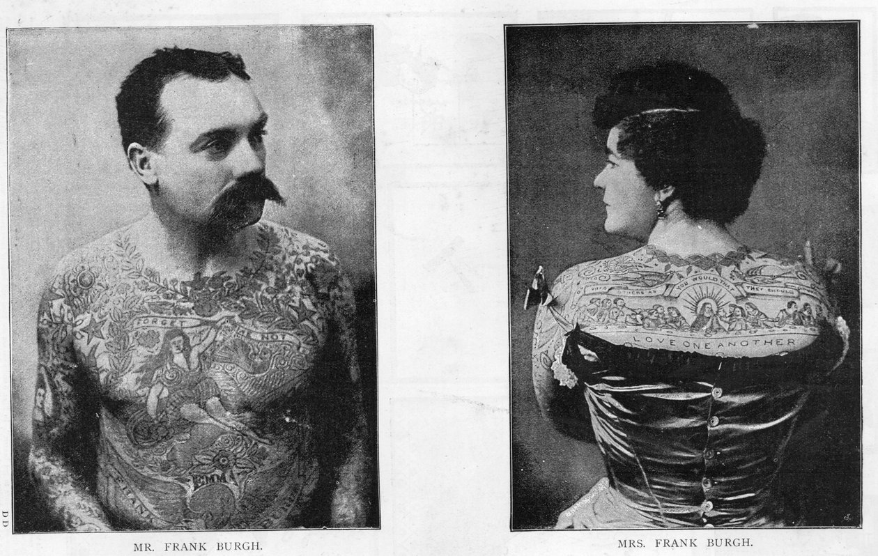 Manželé Frank Burghovi předvádějí umění tetování v USA, 1893 od American Photographer