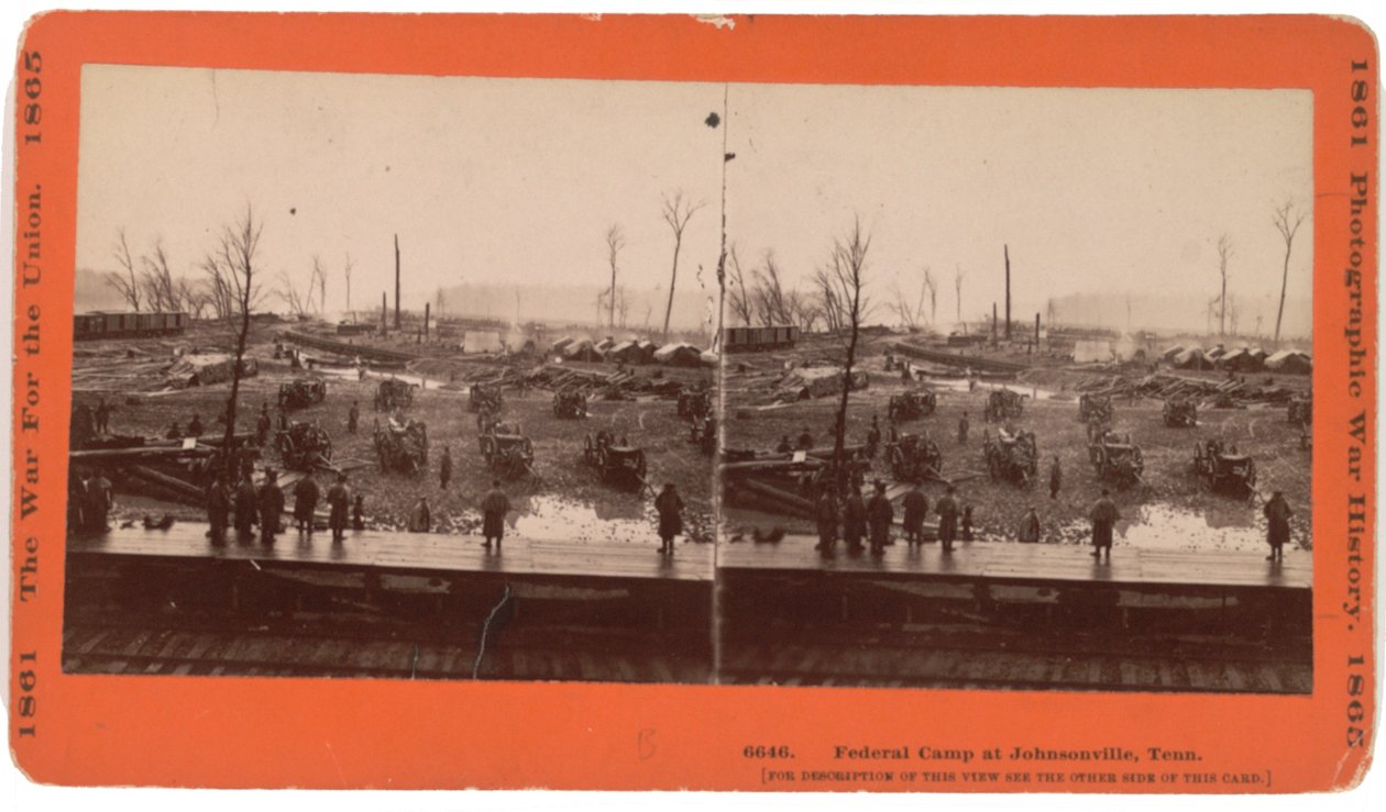 Stereokartový pohled na Johnsonville, TN před evakuací při ohrožení Forrestem, prosinec 1864, publikoval Taylor und Huntington, Hatford, Conn, c.1880 (sépiová fotografie) od American Photographer