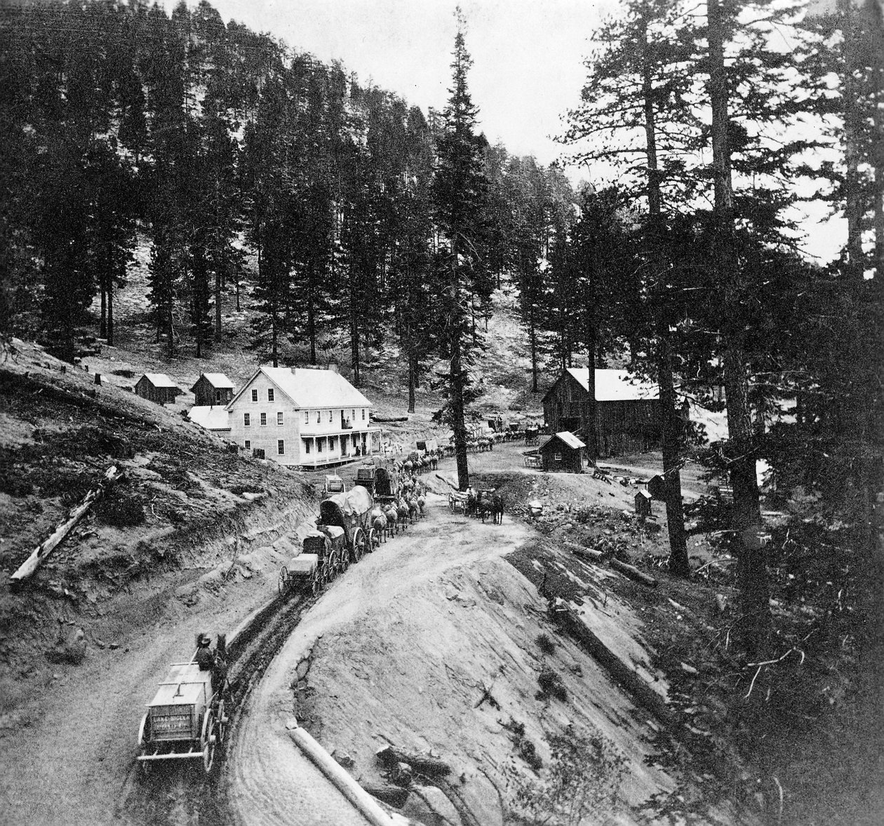 Swifts Station, Carson and Lake Bigler Road, Kalifornie, z Gems of California Scenery vydané Lawrencem a Houseworthem, 1866 od American Photographer