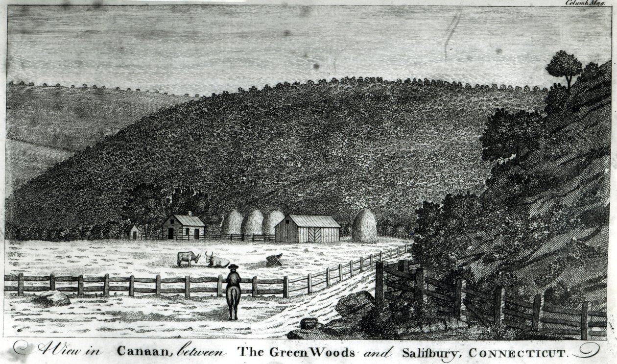 Farma v Canaanu, Connecticut, z časopisu Columbia Magazine, 1789 od American School