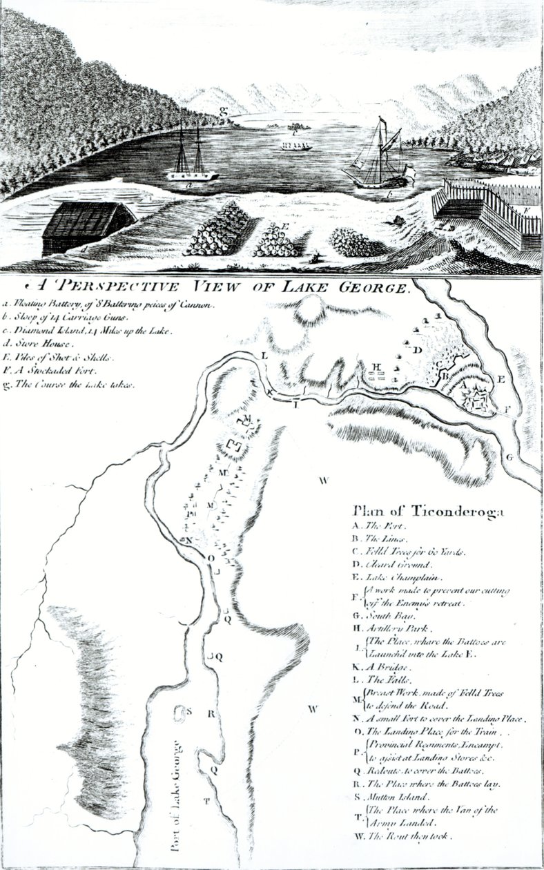 Perspektivní pohled na jezero George a plán Ticonderoga od American School