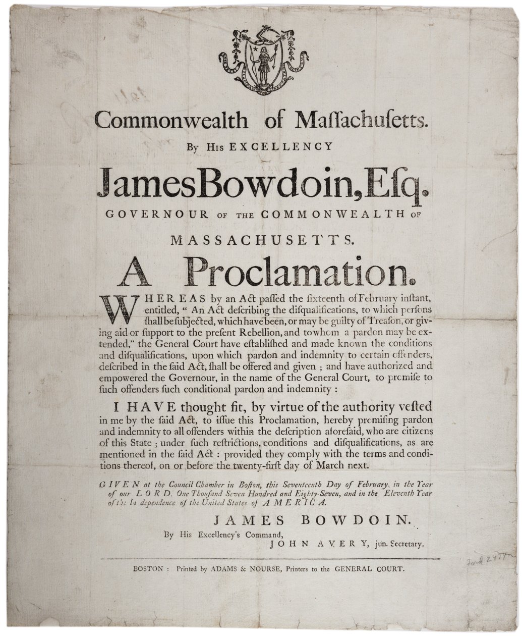 A Proclamation: Nabídka amnestie rebelům Shayss, 17. února 1787 od American School