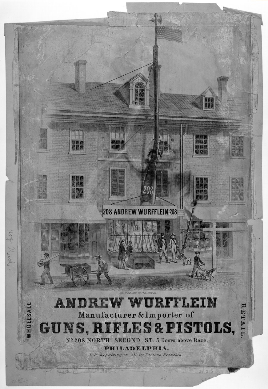 Reklama, Andrew Wurfflin. Výrobce zbraní, Philadelphia, kolem roku 1850 od American School