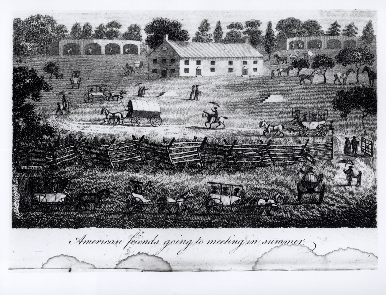 Američtí přátelé jdou na setkání v létě, z „Cestování v některých částech Severní Ameriky v letech 1804, 1805, 1806“ od Sutcliffa, 1811 od American School