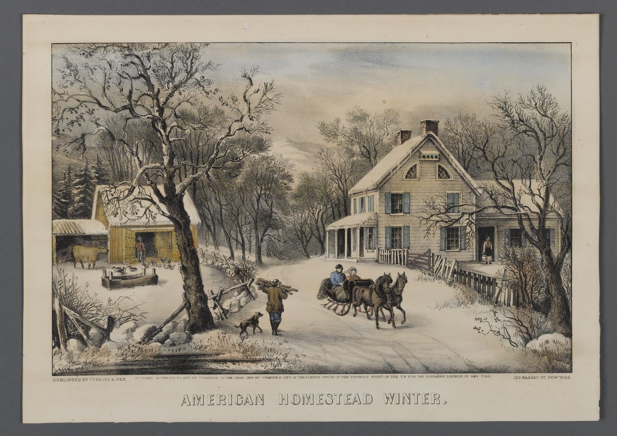 American Homestead in Winter, vydal Currier & Ives, New York, 1868-69 (ručně kolorované lito) od American School