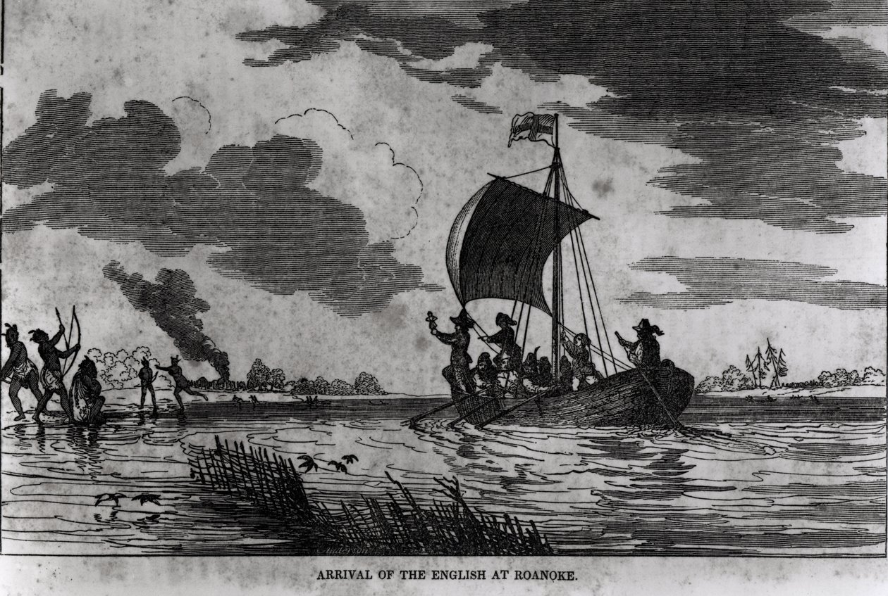 Příjezd Angličanů do Roanoke, 1587, z „Narrative and Critical History of America“ od Justina Winsora, 1831 od American School