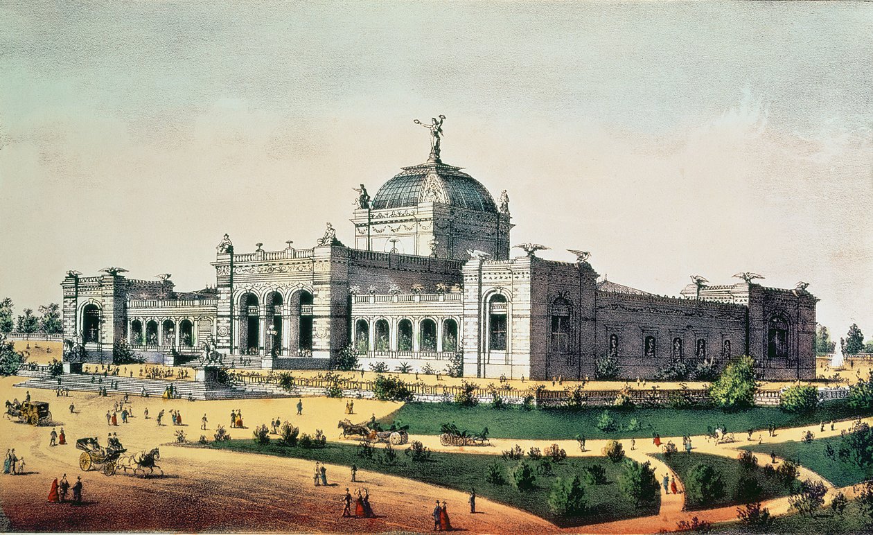 Art Gallery, Grand United States Centennial Exhibition, Fairmount Park, Philadelphia, 1876, hospoda. od Currier und Ives od American School