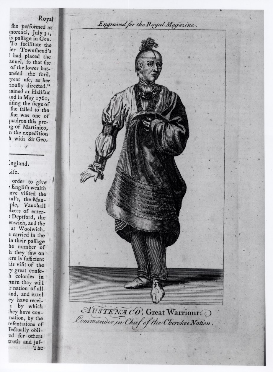 Austenaco, Velký válečník, vrchní velitel národa Čerokíjů, ilustrace z časopisu The Royal Magazine, červenec 1762. od American School