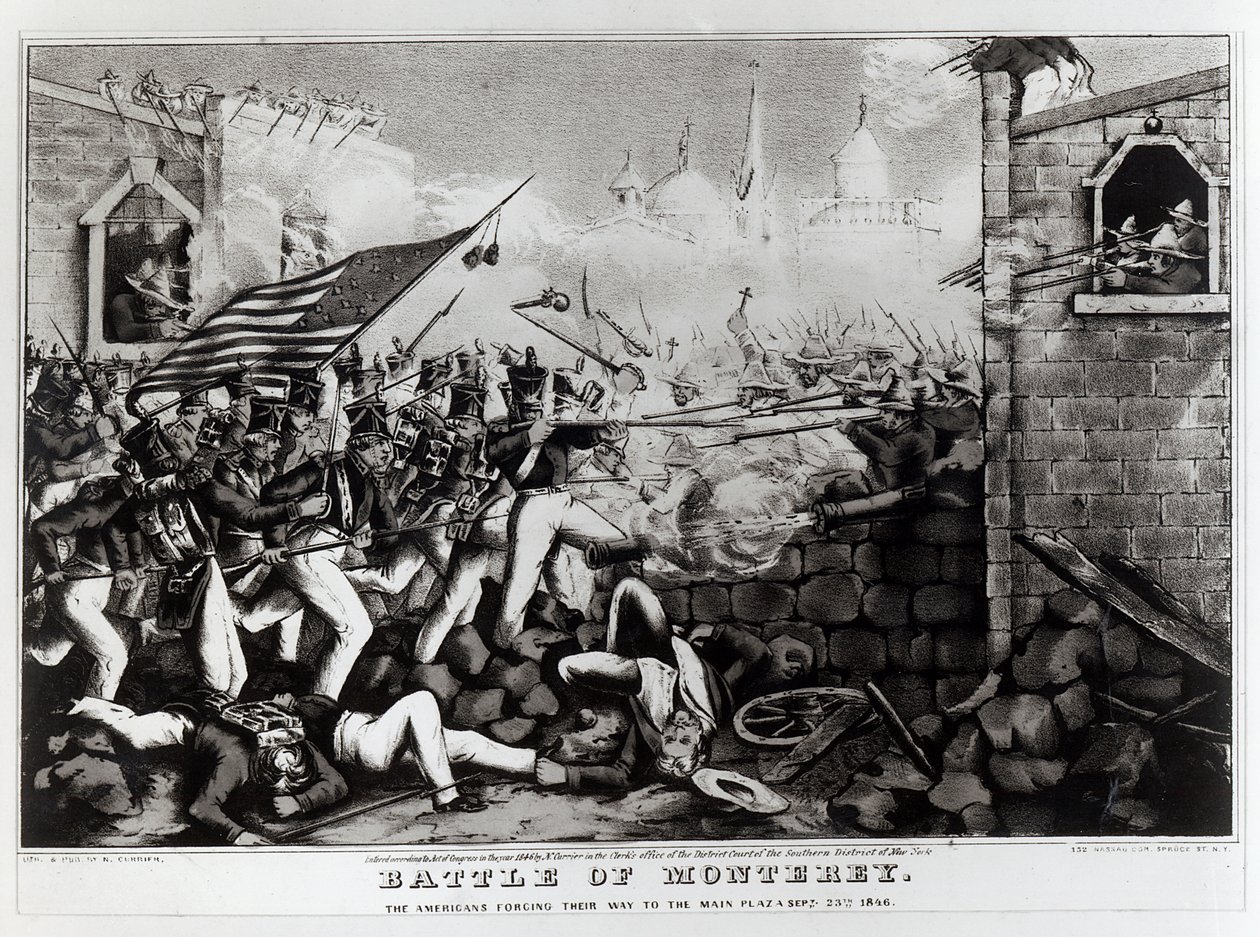 Battle of Monterey: The Americans Forcing their Way to the Main Plaza, 23. září 1846, vyryto a publikováno Nathanialem Currierem (1813-88), 1846 od American School