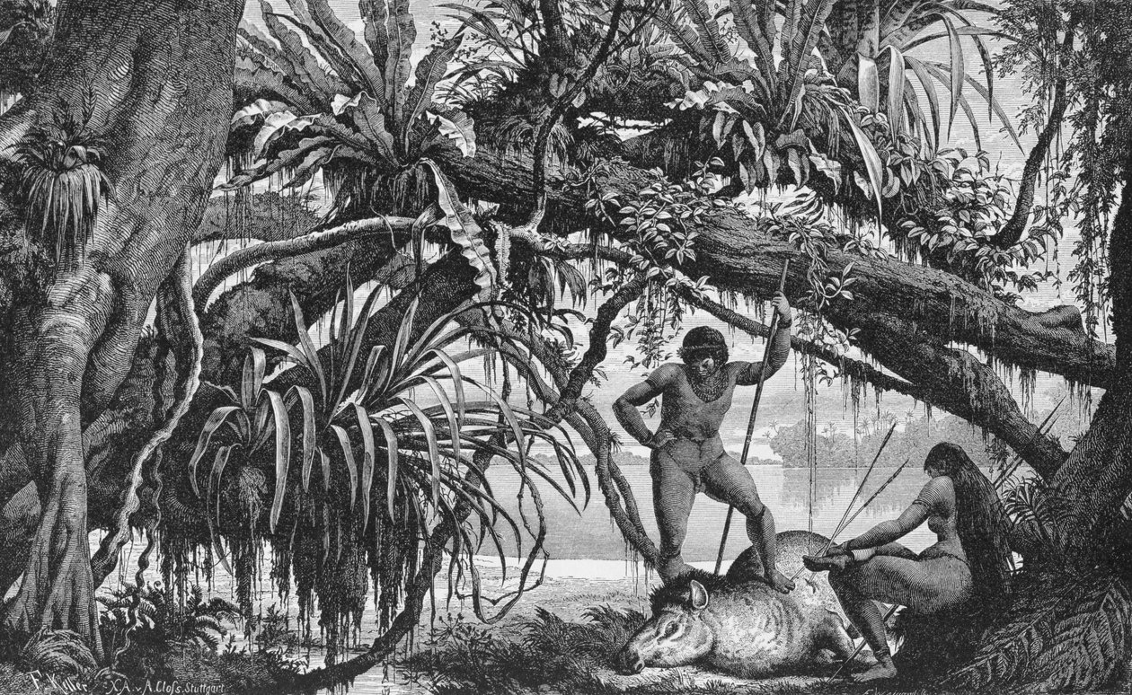 Indiáni Caripuna s tapírem, z „řek Amazon a Madeira“, od Franze Kellera, 1874 od American School
