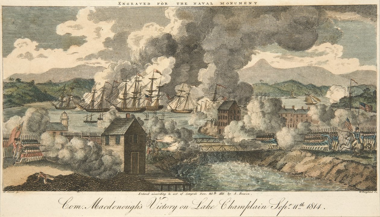 Com. Macdonoughovo vítězství na jezeře Champlain 11. září 1814, pub. 1815 (ručně kolorovaná rytina) od American School