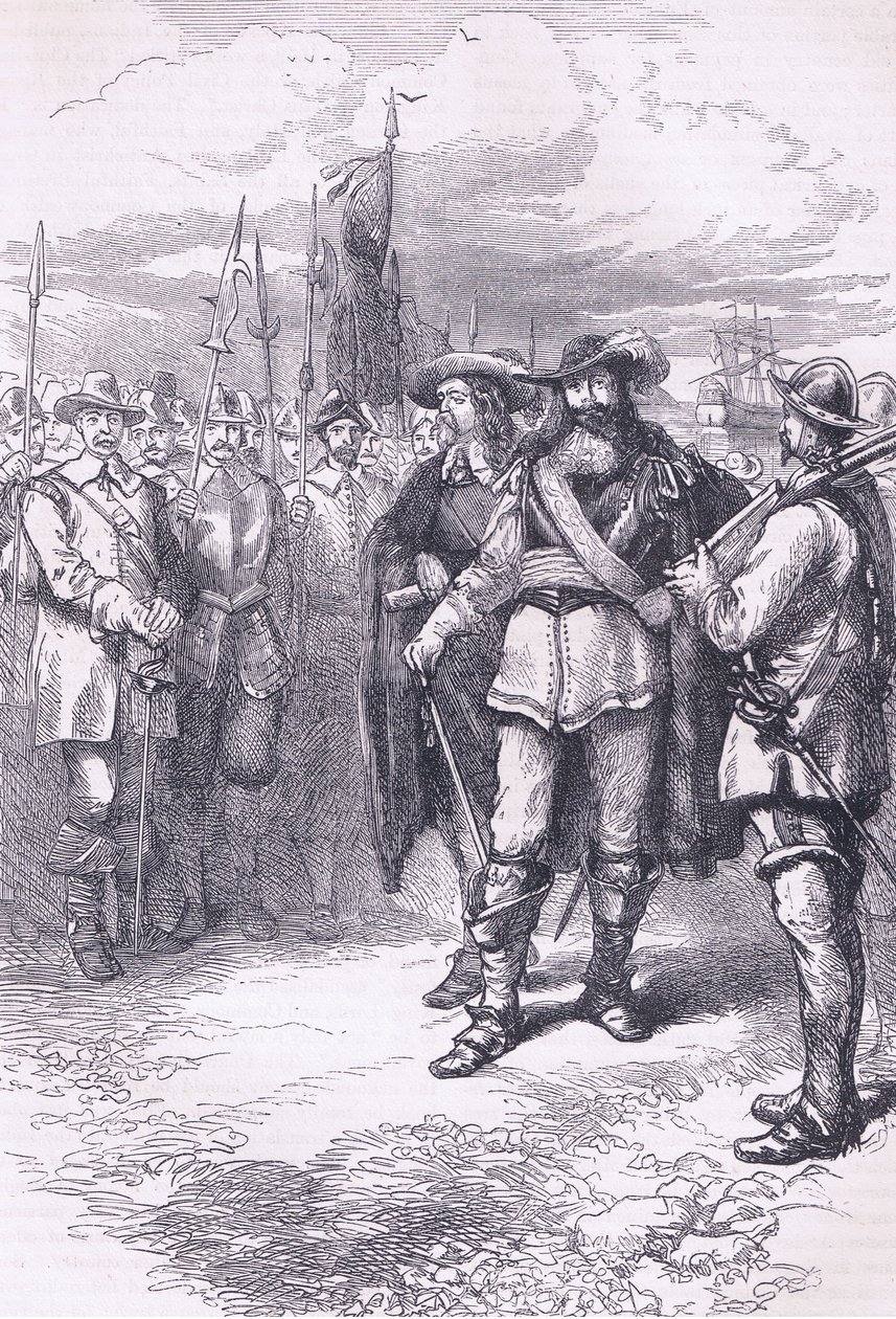 Komisaři přistávající v Bostonu 1665, ilustrace z Cassells History of the United States pub. od Pettera & Galpina kolem roku 1890 od American School