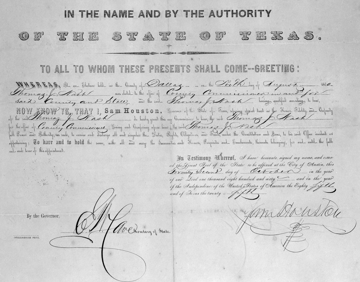 Listina podepsaná Samem Houstonem (1793-1863) 1860 od American School