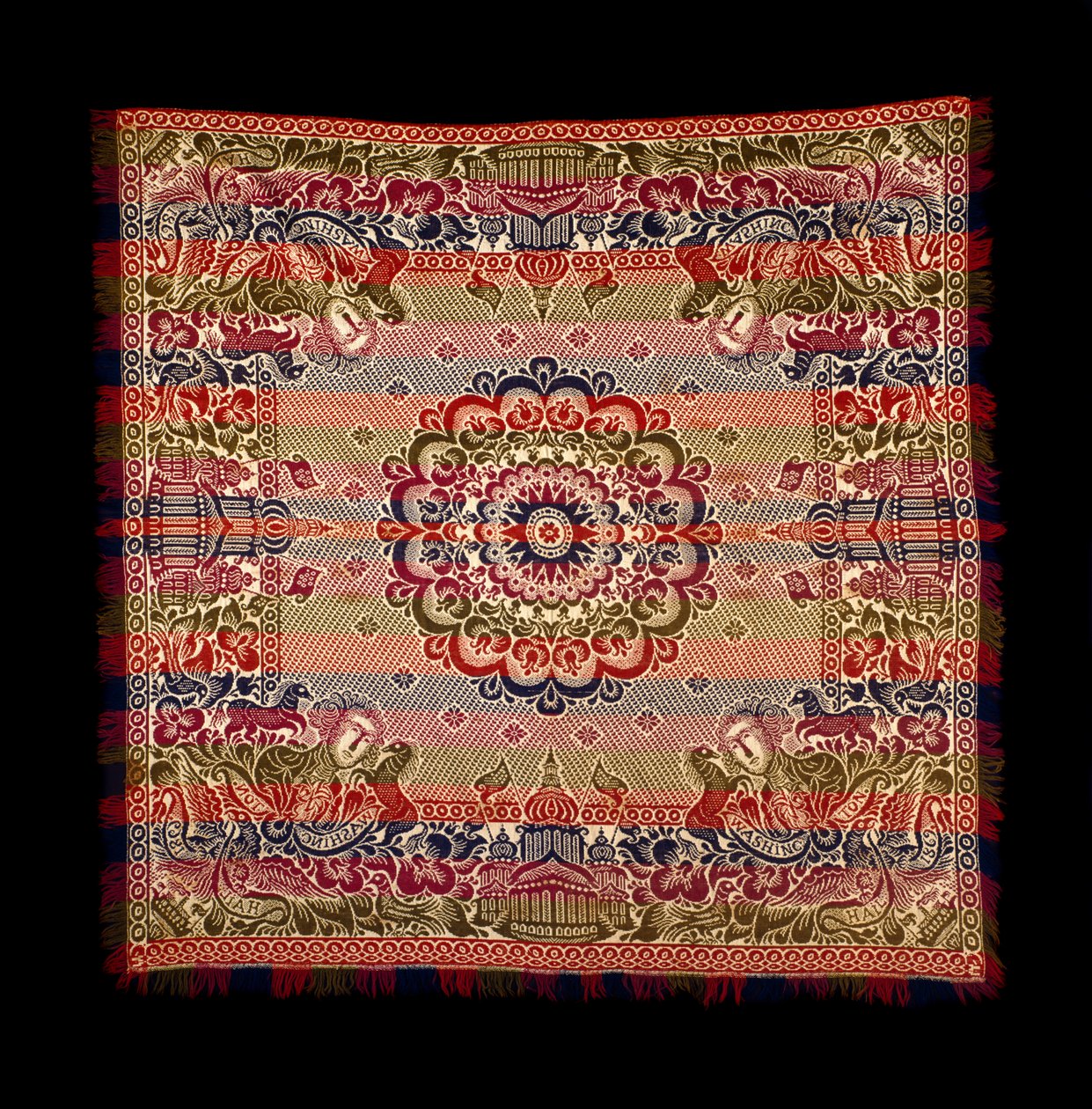 Double-Weave Coverlet, vyrobený Lancaster Carpet, Coverlet, Quilt and Yarn Manufacturing, 1869 (bavlna a vlna) od American School