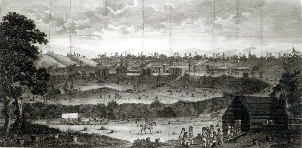Tábořiště armády úmluvy, od „Cesty přes vnitrozemí Ameriky“, T. Anbury 1789 od American School