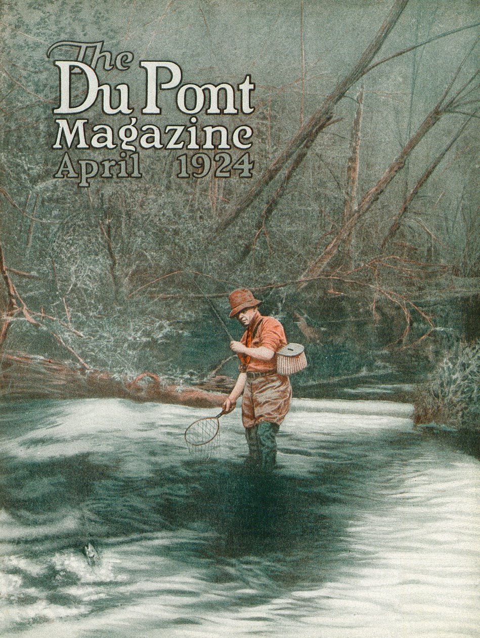 Muškaření, přední strana časopisu DuPont Magazine, duben 1924 od American School
