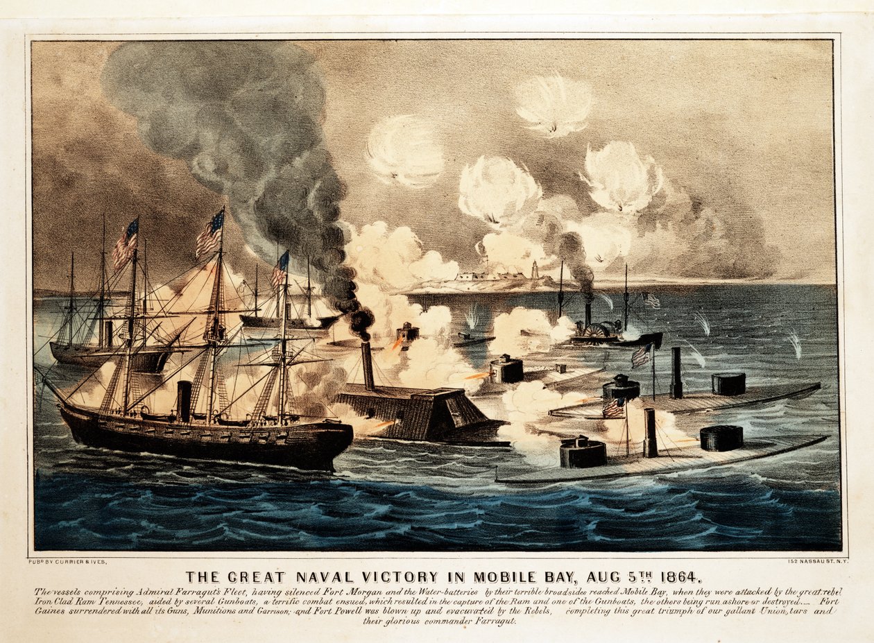 Velké námořní vítězství v Mobile Bay, 5. srpna 1864, pub. 1864, Currier & Ives, (barevná litografie) od American School