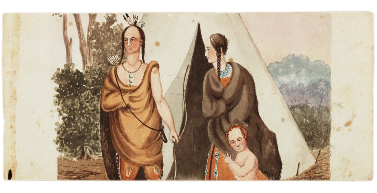 Indická rodina sedící mimo teepee, kolem roku 1849 od American School
