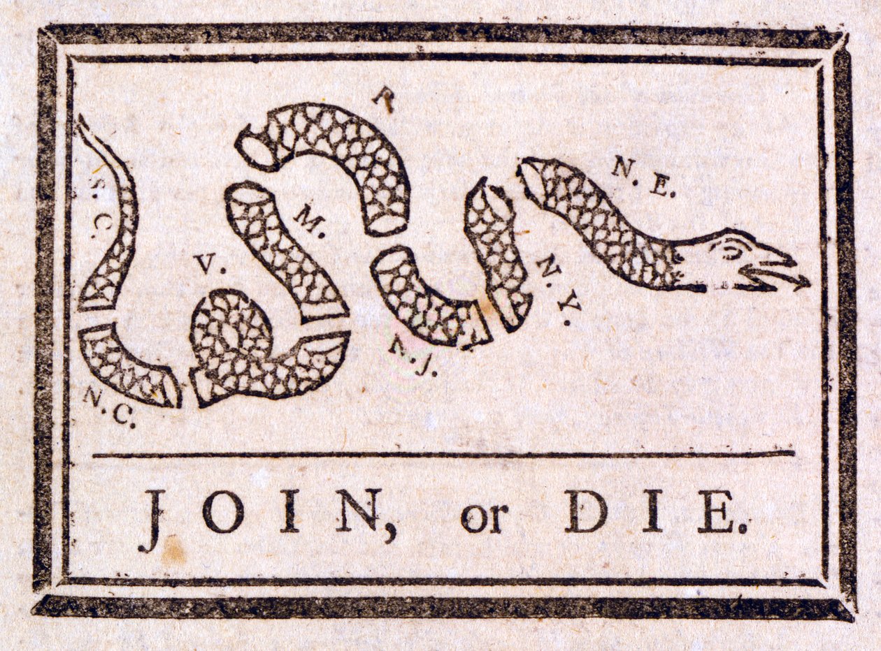 Join or Die, nabádání Benjamina Franklina, 1754 od American School