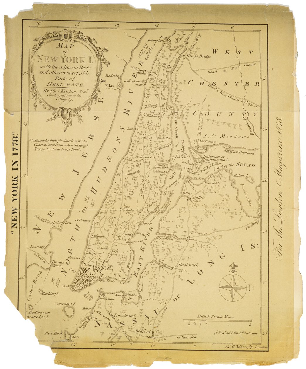 Mapa ostrova New York s přilehlými skalami a dalšími pozoruhodnými částmi Hell-Gate., 1778 (černý inkoust na papíře) od American School