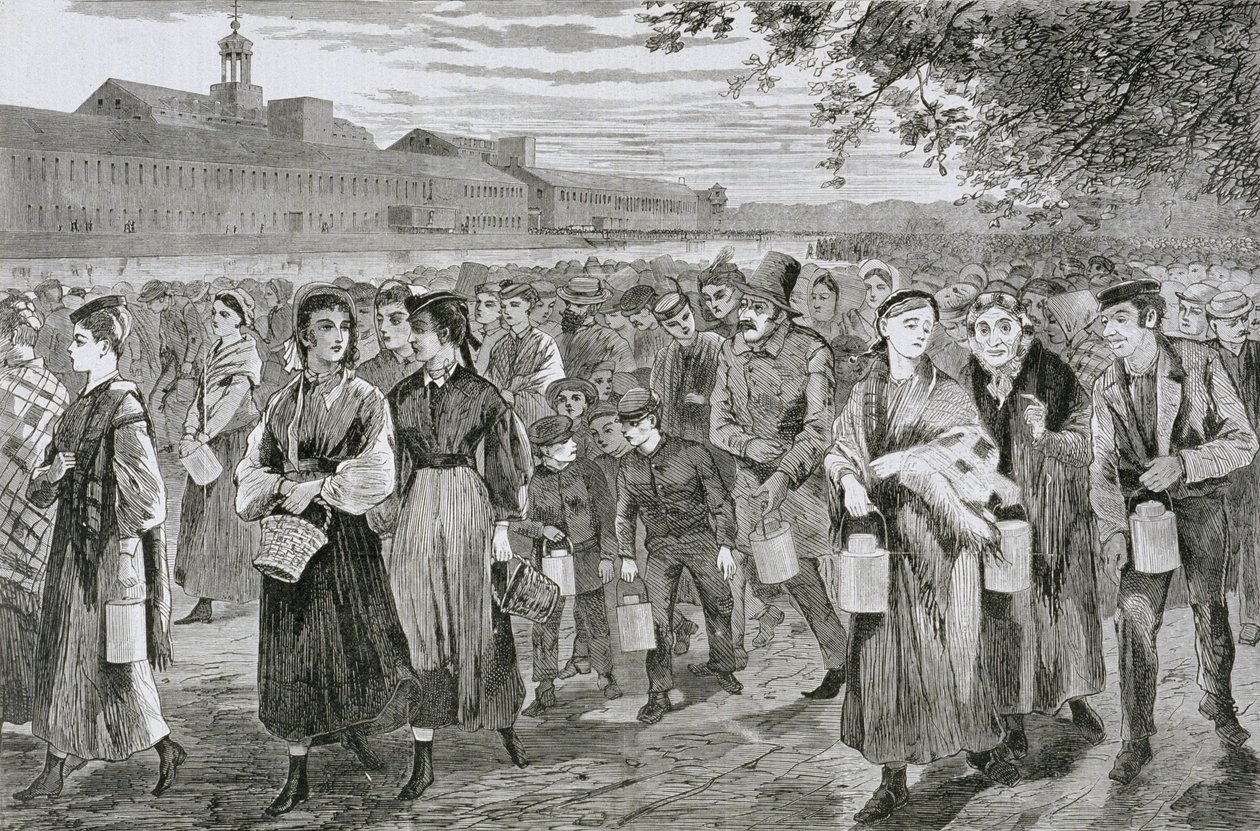 Muži a ženy opouštějí mlýn po práci a nesou kbelíky na oběd, 1868 od American School