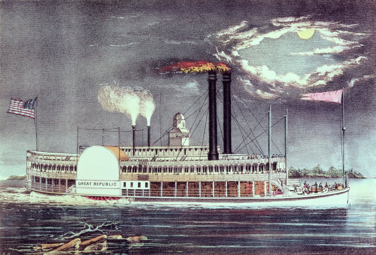 Moonlight on the Mississippi, publikoval Nathaniel Currier (1813-88) a James Merritt Ives (1824-95) od American School