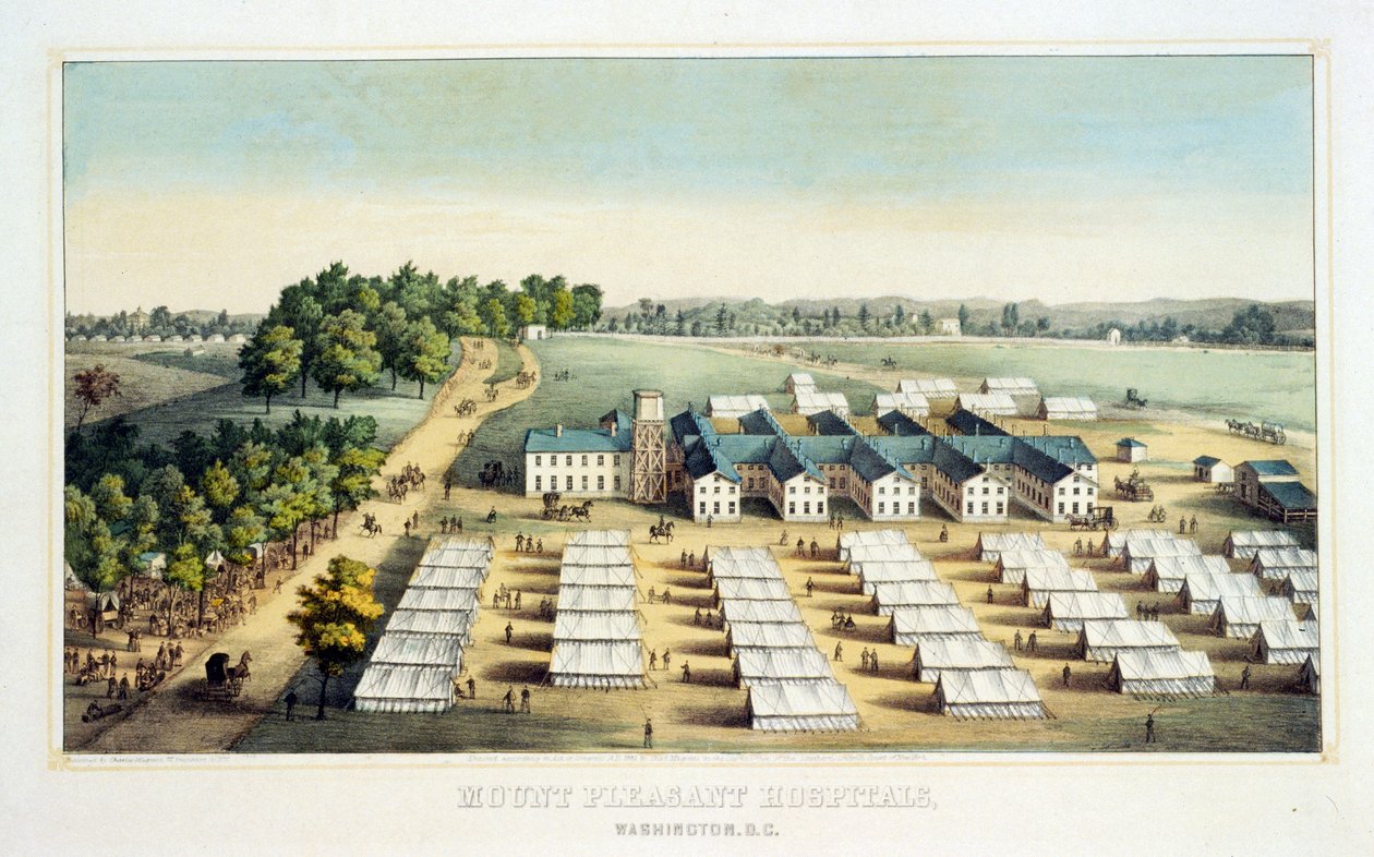 Mount Pleasant Hospitals, Washington, D.C., hospoda. 1862 (barevná litografie) od American School