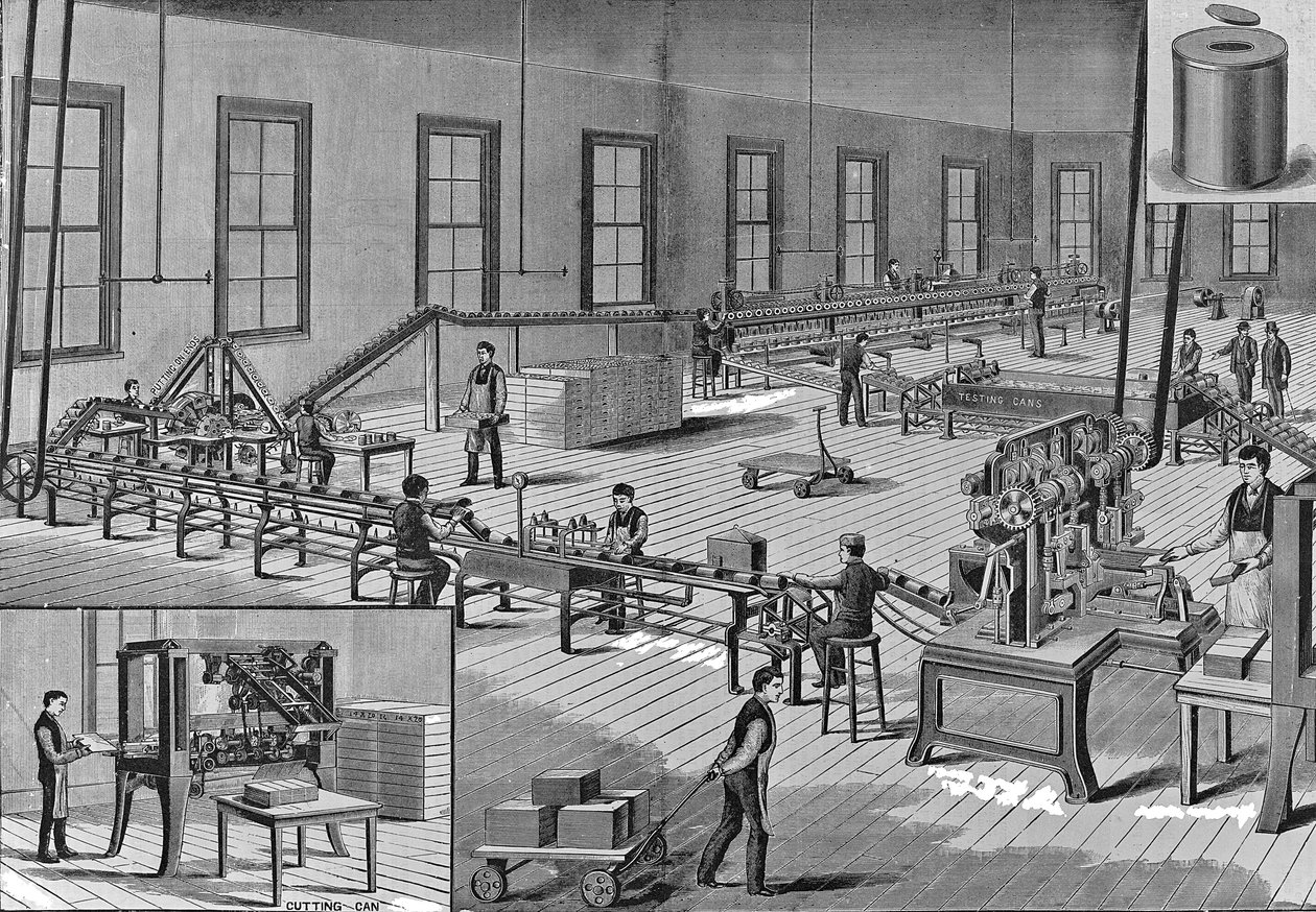 Vylepšené automatické strojní zařízení Norton pro výrobu plechových plechovek, kolem roku 1901 od American School