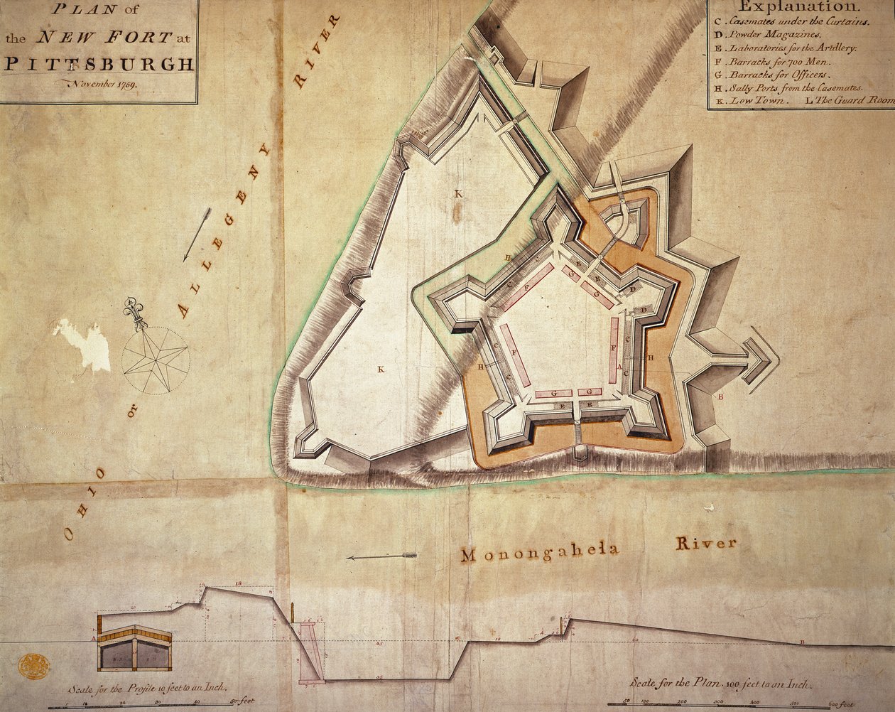 Plán Nové pevnosti v Pittsburghu, listopad 1759 (ručně kolorovaná rytina) od American School