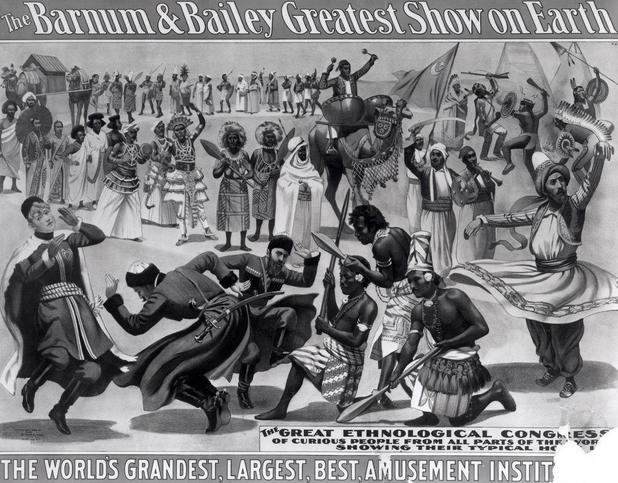 Plakátová reklama „Největší show Barnuma a Bailey na Zemi, největší, největší a nejlepší zábavní instituce na světě“, kolem roku 1895 od American School