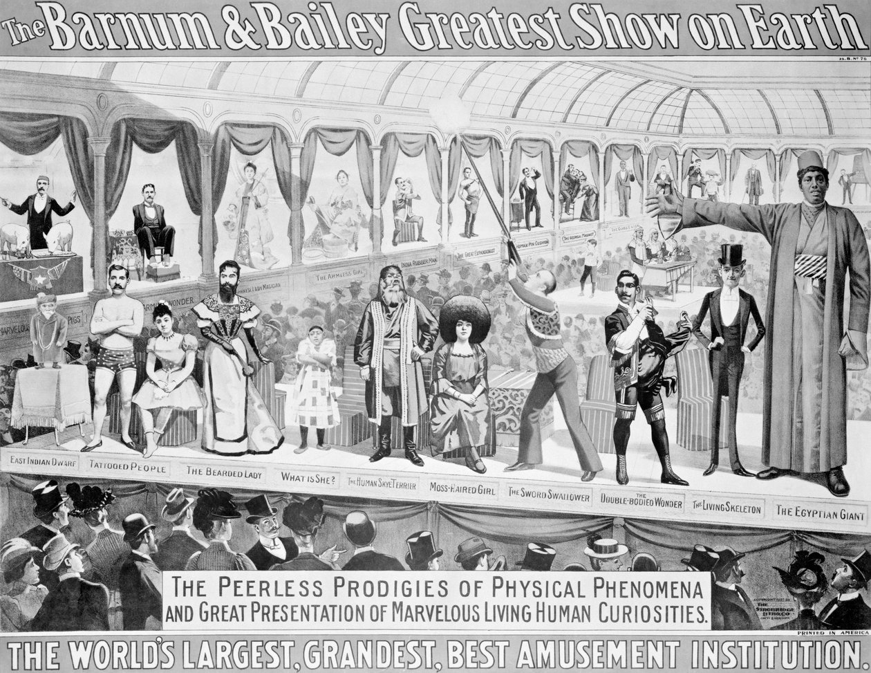 Plakátová reklama „Největší show Barnuma a Bailey na Zemi, největší, největší a nejlepší zábavní instituce na světě“, kolem roku 1895 od American School