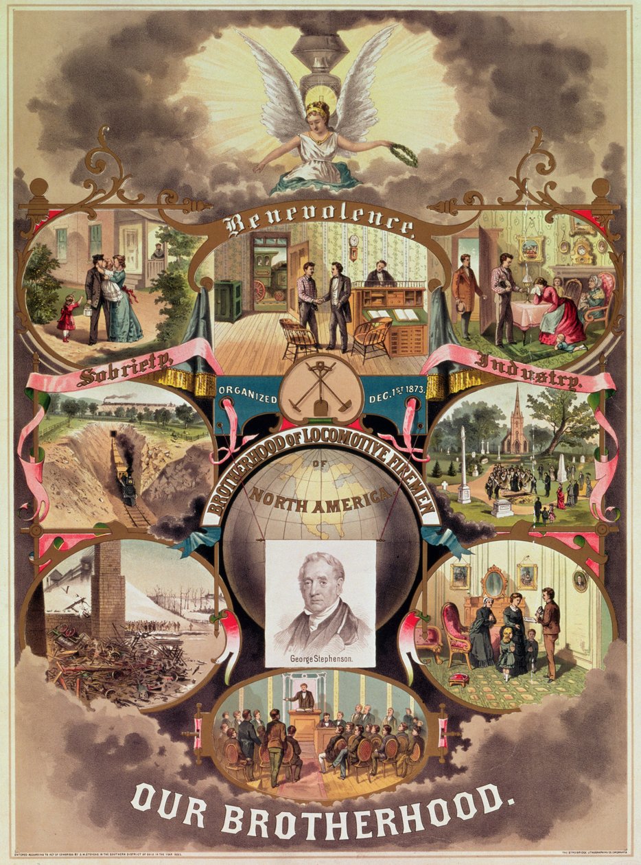 Plakát „Bratrstva lokomotivních hasičů Severní Ameriky“, 1885 od American School