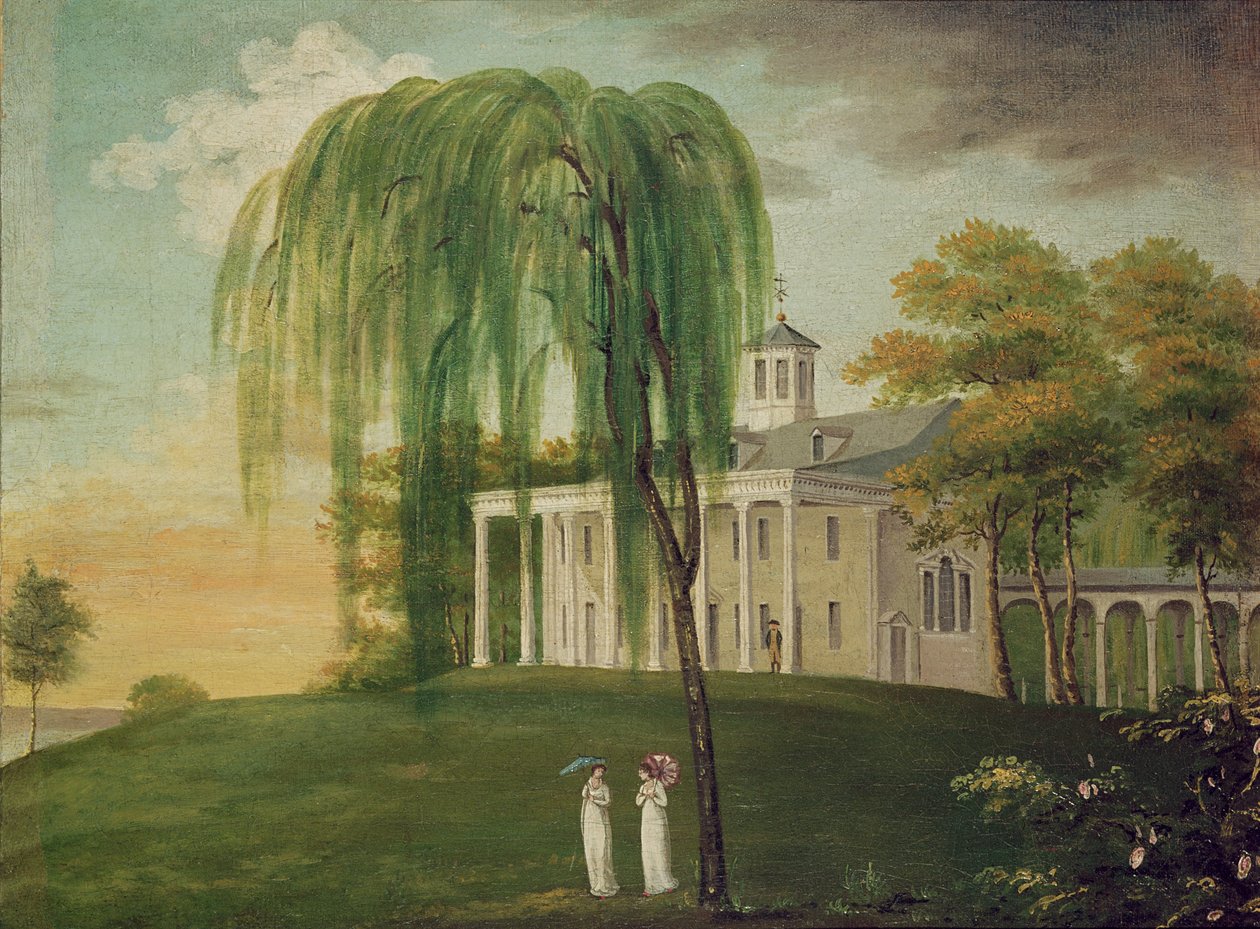 Prezident George Washington (1732-99) na verandě svého domu v Mount Vernon od American School