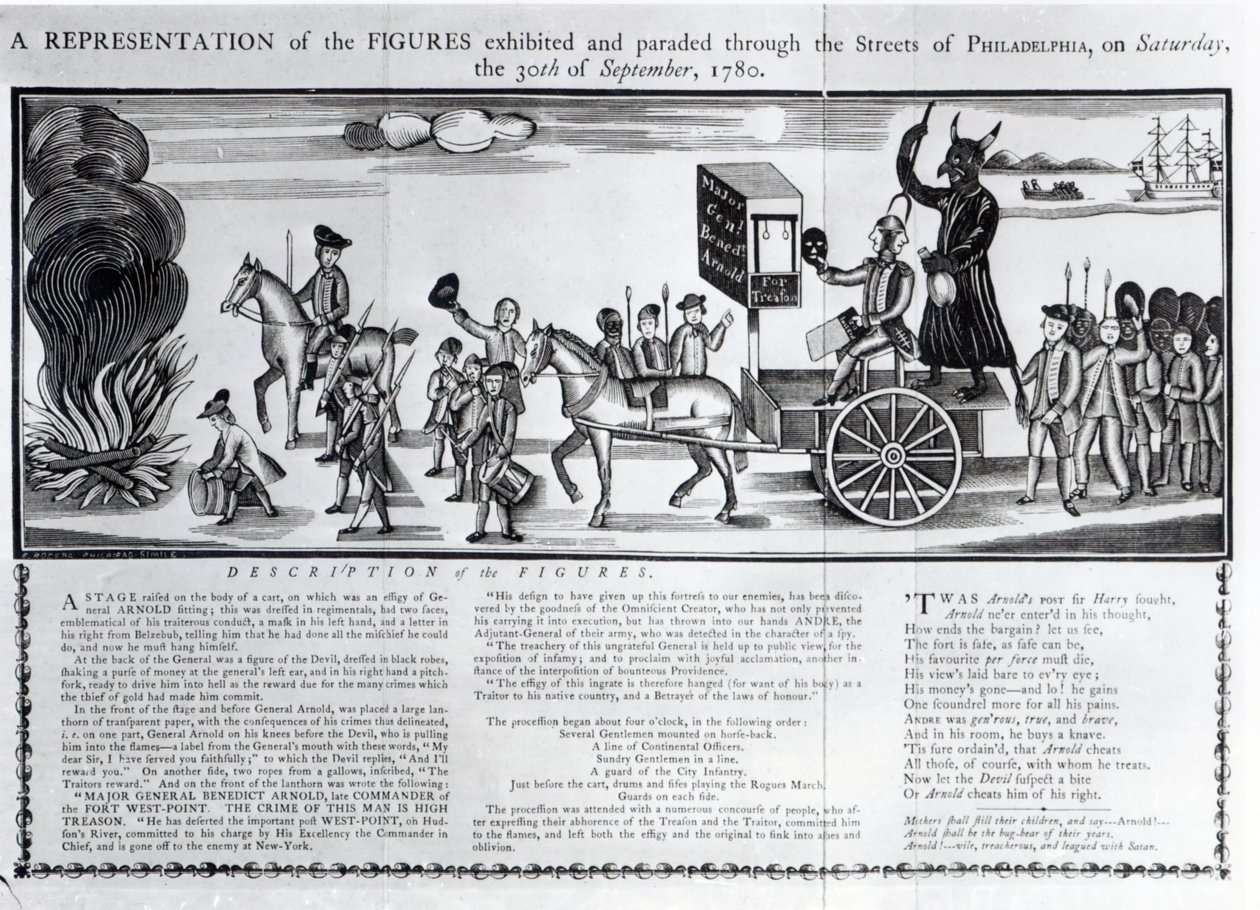 Vyobrazení postav vystavených a procházejících ulicemi Filadelfie v sobotu 30. září 1780. od American School