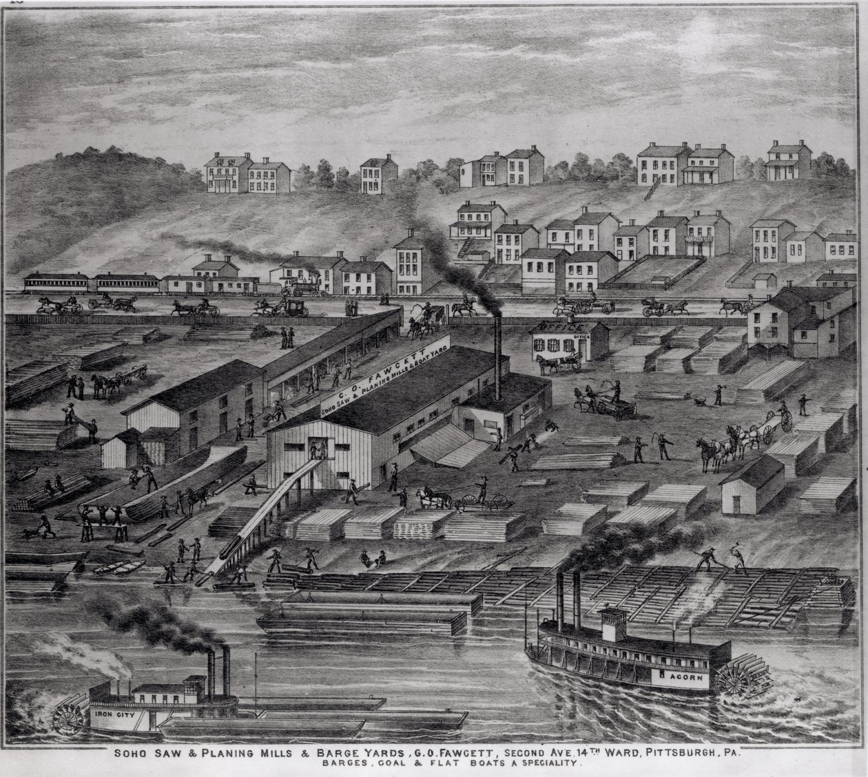 Soho Saw and Planing Mills and Barge Yards, G.O. Fawcett, Second Avenue, 14th Ward, Pittsburgh, PA, z „Ilustrovaného atlasu řeky Upper Ohio“, 1877 od American School