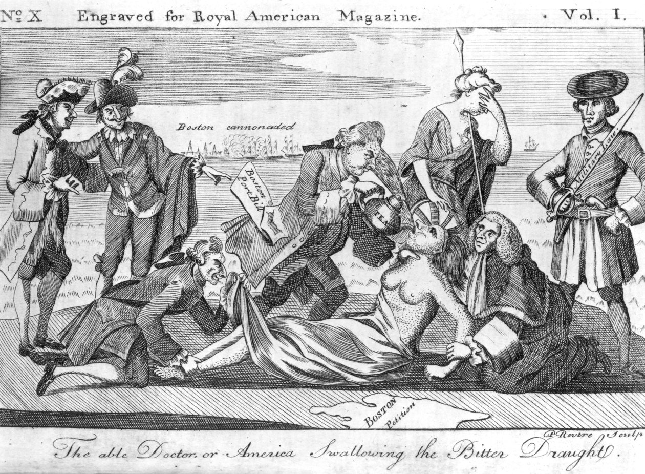 The Able Doctor, nebo America Swallowing the Bitter Draught, vyrytý Paulem Reverem (1735-1818) pro ‚Royal American Magazine‘, červen 1774 od American School