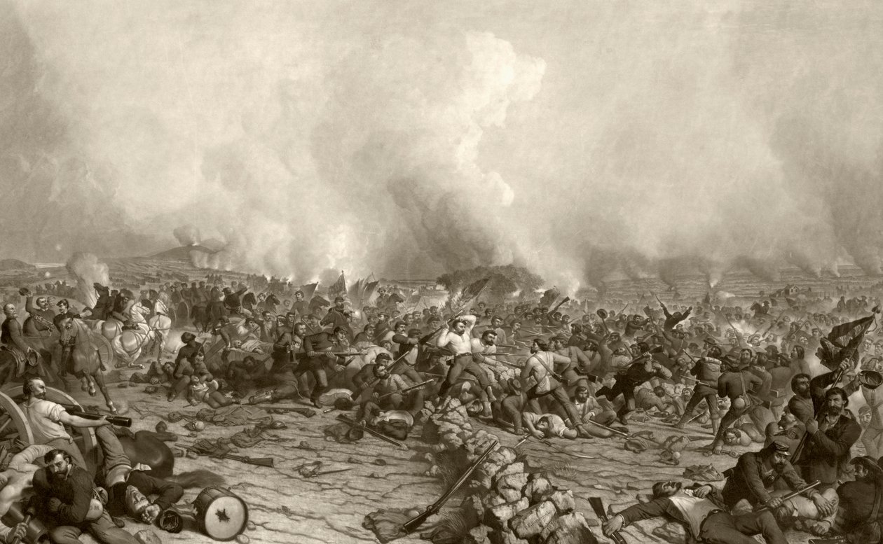 Bitva u Gettysburgu, po tisku z 19. století vyrytým Johnem Sartainem z apintingu P.F. Rothermel od American School