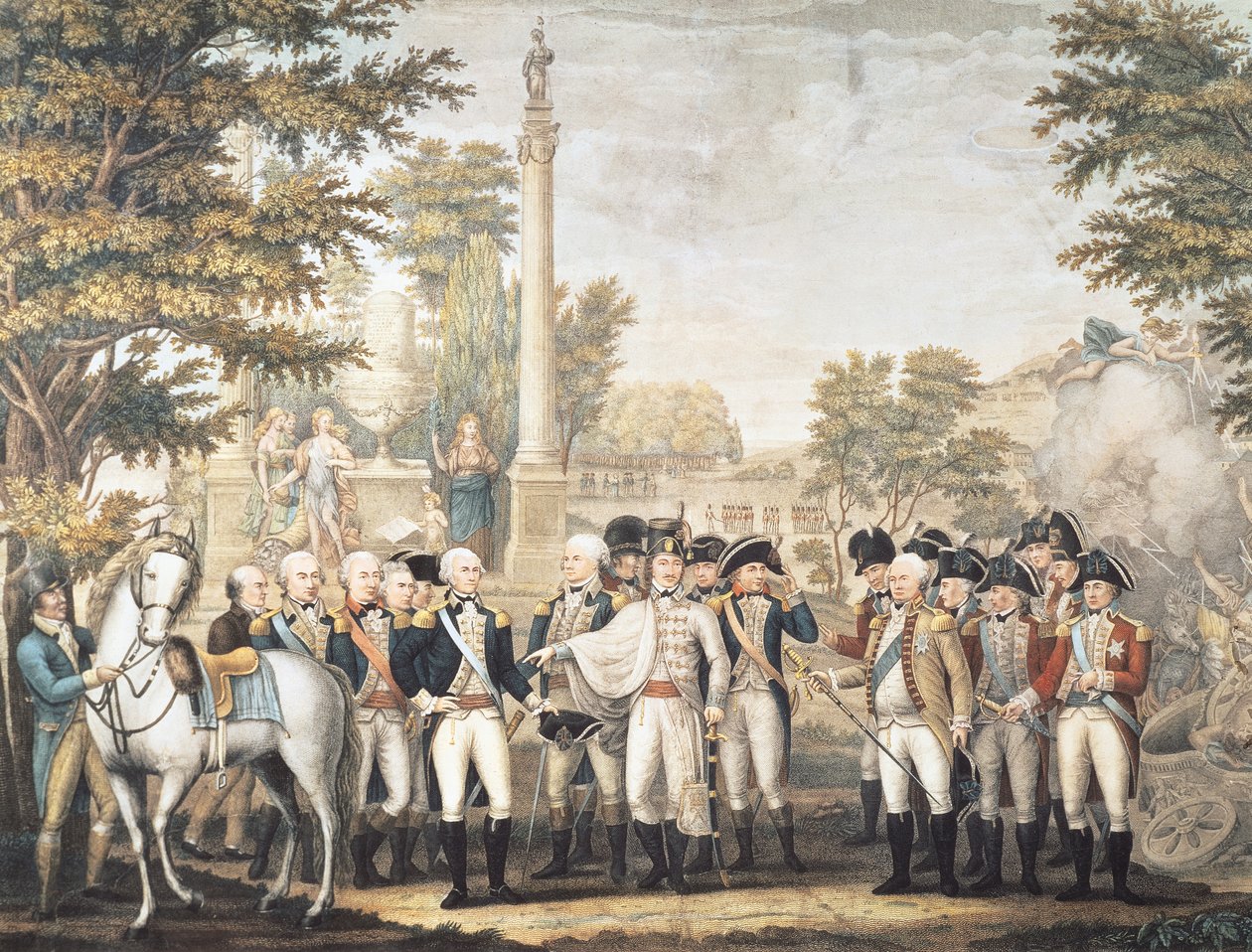 Britové se vzdávají generálu Washingtonovi po jejich porážce v Yorktownu ve Virginii, říjen 1781 od American School