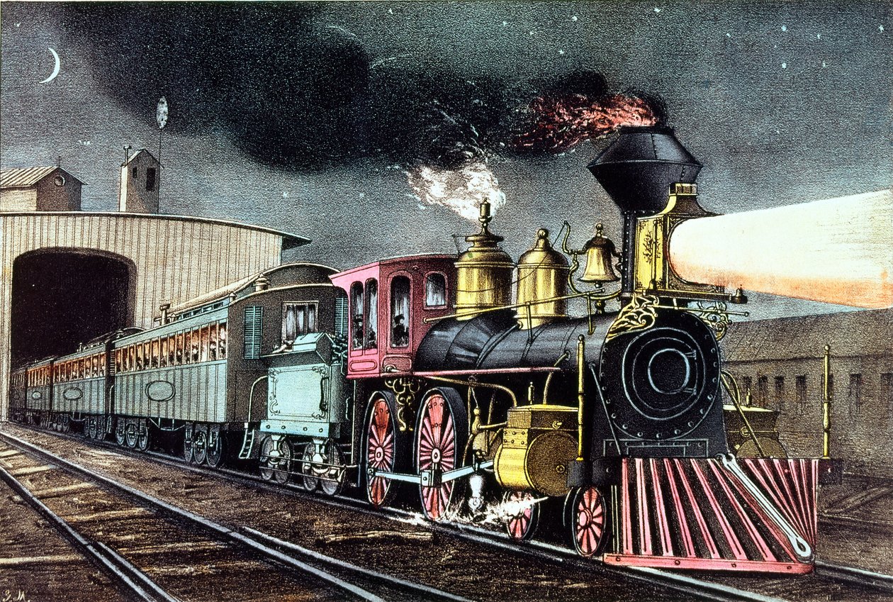 The Night Express: The Start , kterou vydali Nathaniel Currier (1813-88) a James Merritt Ives (1824-95) od American School
