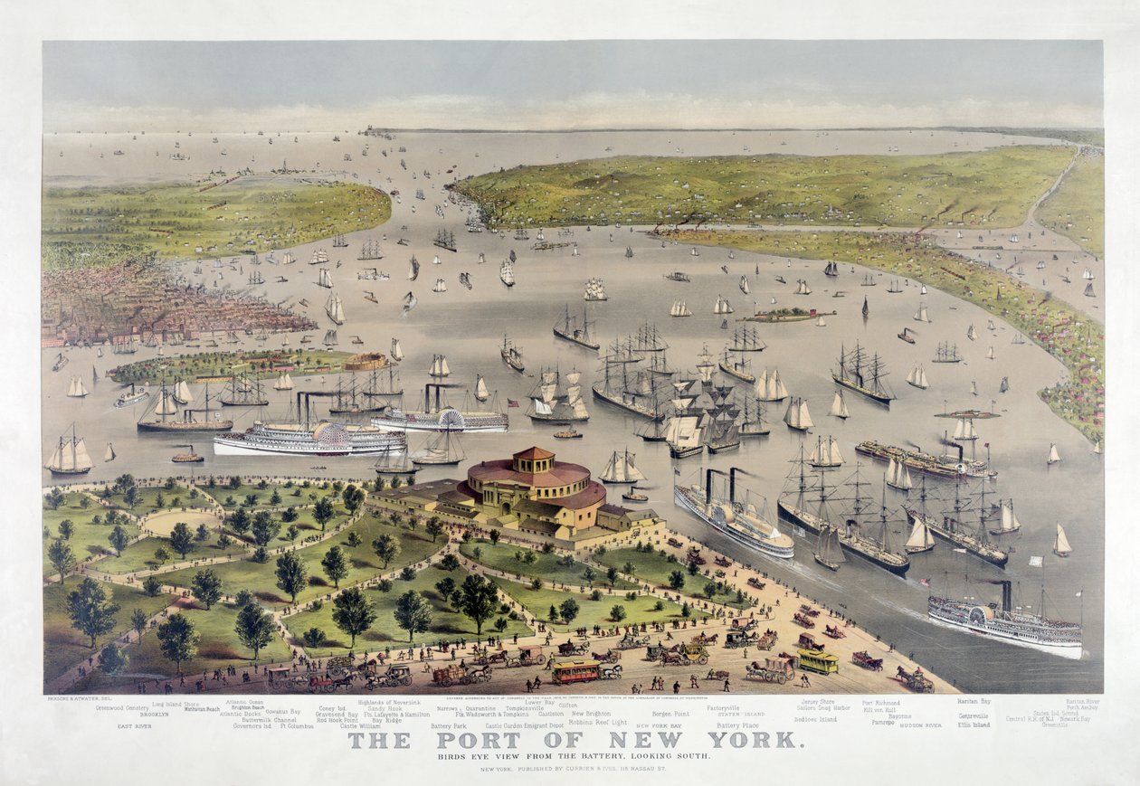 Přístav New York: Pohled z ptačí perspektivy z baterie, pohled na jih, hospoda. 1878 (barevná litografie) od American School