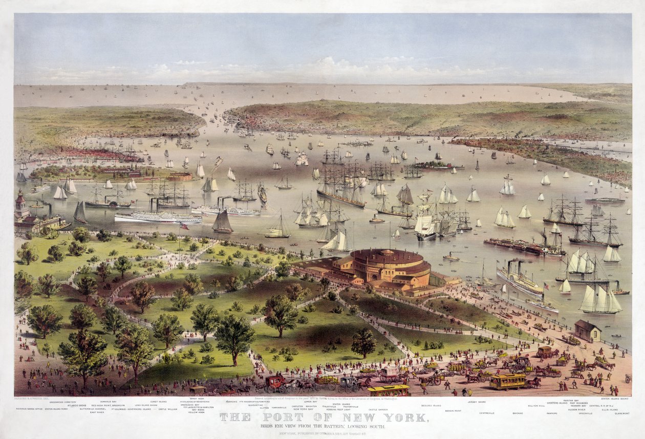 Přístav New York: Pohled z ptačí perspektivy z baterie, pohled na jih, hospoda. 1862 (barevná litografie) od American School