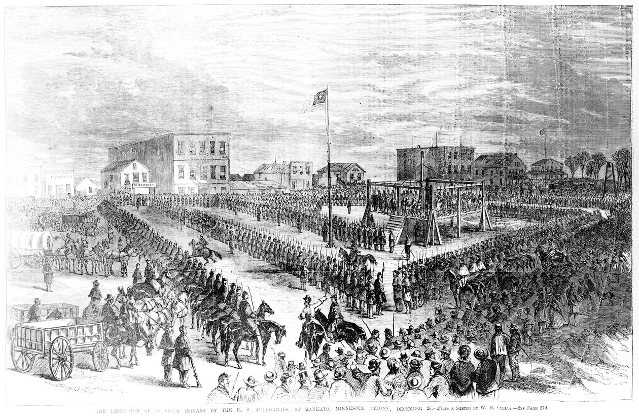 Poprava siouxských indiánů americkými úřady v Mankato, Minnesota v pátek 26. prosince 1862, z Frank Leslies Illustrated Newspaper, 24. ledna 1863 od American School