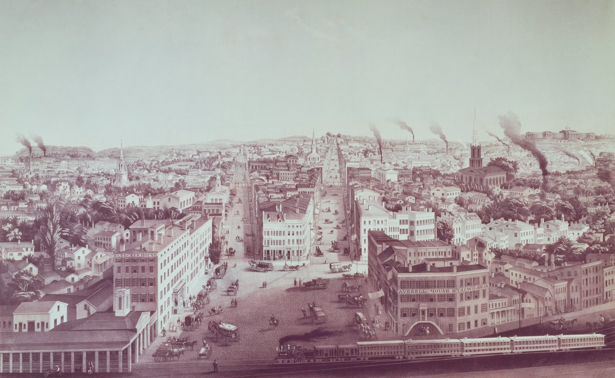 Pohled na Utica City, stát New York, vyrytý D.W. Moody, hospoda. od F. Michelina, kolem roku 1850 od American School