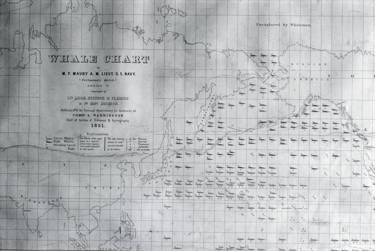 Velrybí mapa severního Pacifiku, 1851 od American School