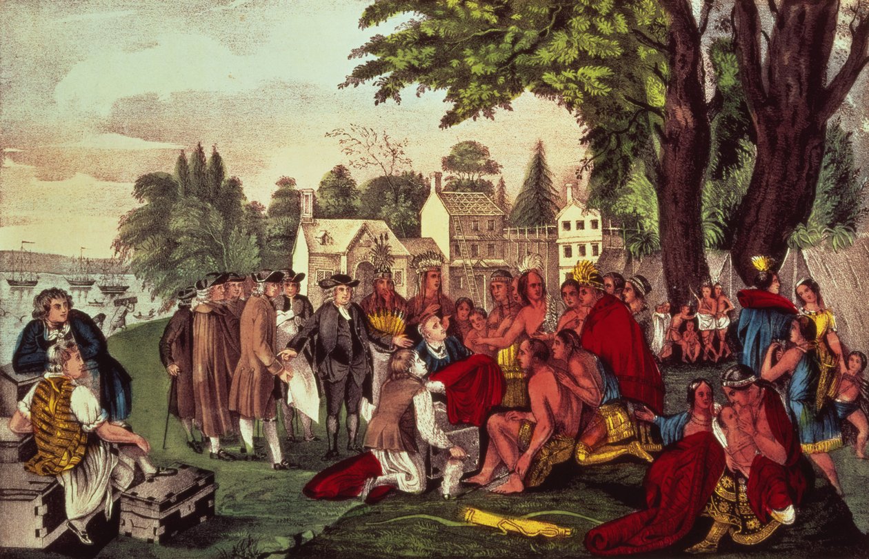 Smlouva Williama Penna s Indiány, kdy založil provincii Pensylvánie, 1661, hospoda. od Currier und Ives od American School