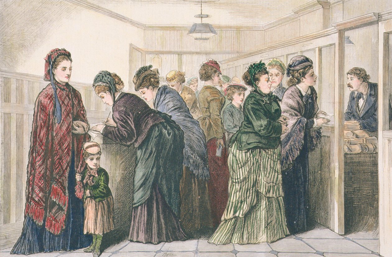Ženy v novinách podávající inzeráty na práci, New York, 1874 od American School
