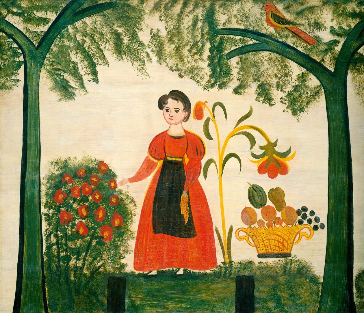 Dívka v červeném s květinami a Distelfink od American 19th Century